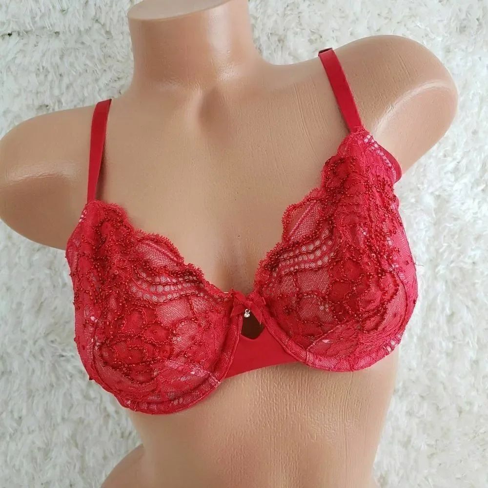 VS 36D Red Lace Mesh Jewel Unlined Demi Sexy Bra